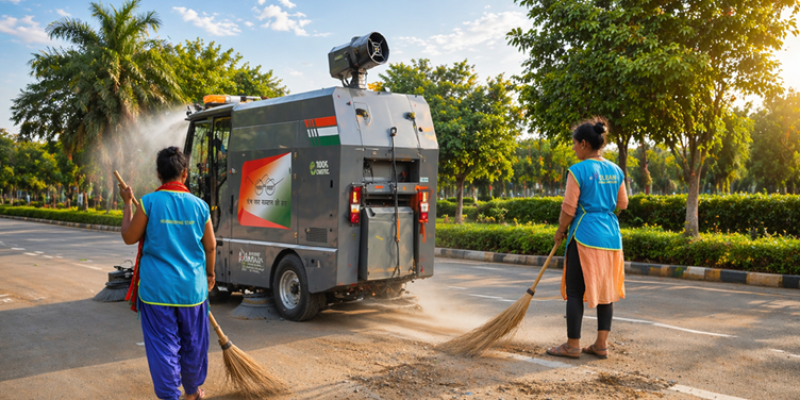 Street cleaner in vibrant park setting