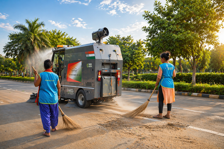 Street cleaner in vibrant park setting